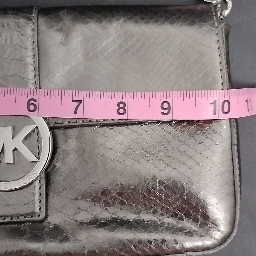 Michael Kors Metallic Gunmetal Python Embossed Flap Snap Shoulder Bag - Picture 13 of 14
